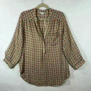 Pleione Blouse Top Women’s Large Tan/Blue/Orange Front Buttons Roll-tab Sleeves